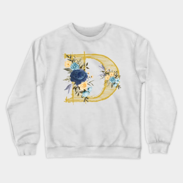 Monogram Letter D In Metallic Gold With Aesthetic Blue Flowers Botany Crewneck Sweatshirt by aspinBreedCo2